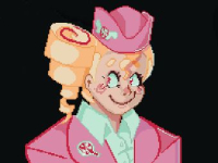 A smiling lady wearing a pink candy themed flight attendant attire