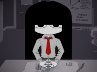 A woman with a red tie sitting on a desk, hands rested and fingertips touching