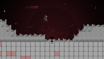 Phytodivergent's protagonist staring at a red reflection of herself in the sky