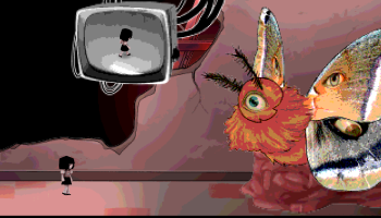 Phytodivergent's protagonist standing in front of a polyphemus moth covered in eyes