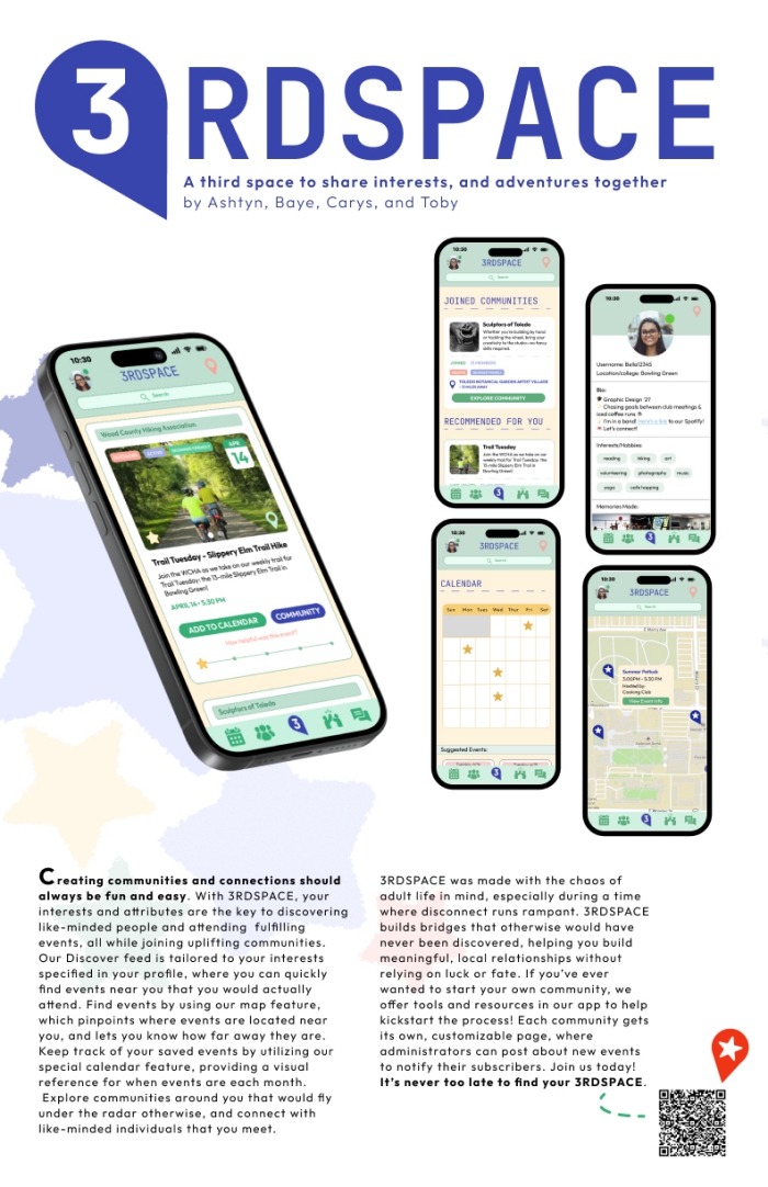 A promotional poster for third space, showing the various main screens of the app.