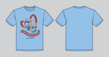 An mockup of a blue tshirt promoting the Airstream SCARF Pet Adoption Event. A dog and cat are wearing sunglasses with the red heart SCARF logo behind them.