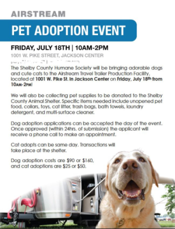 A flyer promoting the Airstream SCARF Pet Adoption Event. A dog is positioned in the lower right corner.