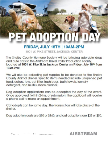 A flyer promoting the Airstream SCARF Pet Adoption Event. A cat and two dogs are positioned in the header.
