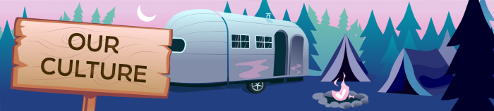 A vector illustration of an Airstream trailer at a campsite in a forest. A sign to the left reads Our Culture