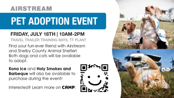 A TV Graphic promoting the Airstream SCARF event. A dog and cat are positioned on the right side.