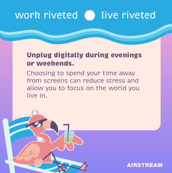 A square shaped post with a flamingo relaxing in a chair, holding a drink. A tip to unplug digitally during evenings and weekends.