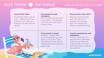 A TV graphic displaying various work life balance tips. The flamingo from the banner is in the bottom left corner.