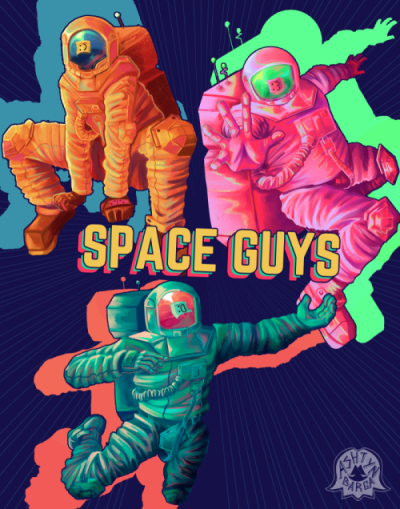 A digital illustration of an orange, blue, and pink astronaut, with the text Space Guys in the center. Sticky notes with emoticons are on their faces.