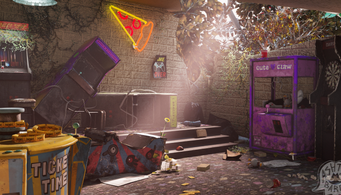 A 3d render of an abandoned arcade